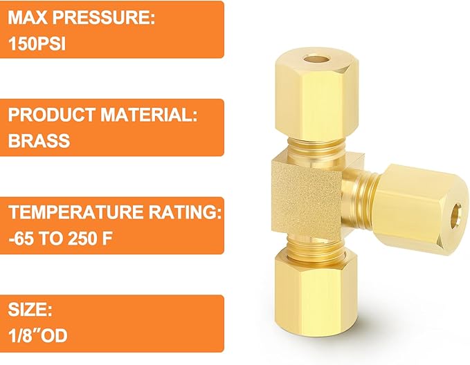 GASHER 5PCS Brass Compression Tube Pipe Fitting Connector, Tee，1/8" x 1/8" x 1/8" Tube OD Connector