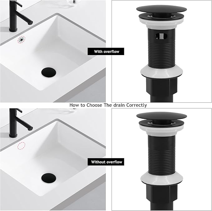 Bathroom Sink Drain,Drain Stopper Bathroom Sink with Overflow,Pop Up Drain Assembly with Detachable Strainer Basket,Built-in Anti-Clogging, Stainless Steel Nut Mattle Black