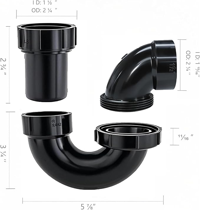 Lesso ABS Adjustable P Trap1 1/2 Inch for RV Drain Bathroom Kitchen Sink Drain Pipe Tubular Kit with White Threaded Adapter Ring
