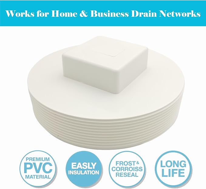 PVC Cleanout Plug, 6" Inch NPT Male Threaded Flush Sewer Cleanout Cap Cover Adapter PVC DWV Pipe Fitting Attached to Sewer and Drain Pipe for Plumbing Drainage Piping Systems