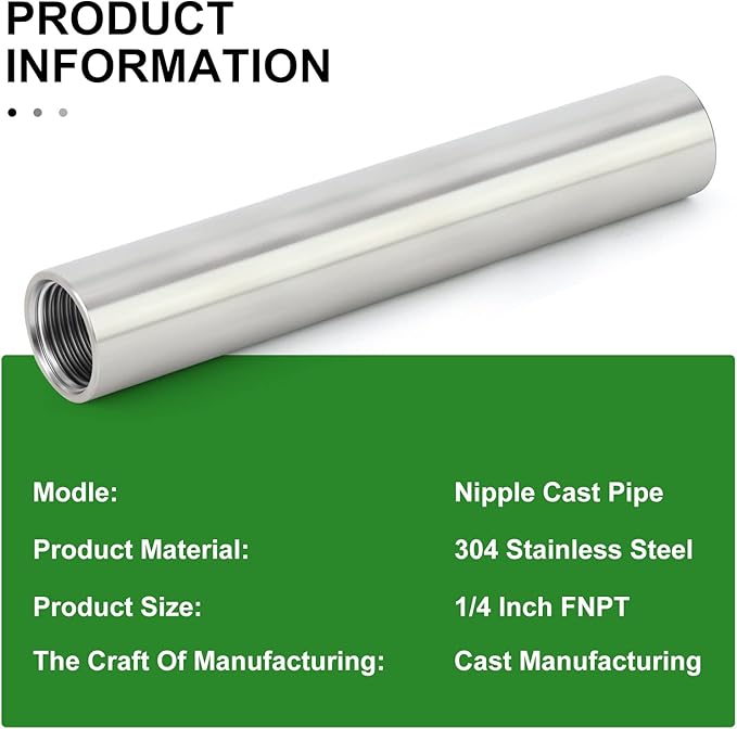 TAISHER 2PCS Stainless Steel Pipe Fittings, 1/4" NPT x 1/4" NPT Female Threaded, 6" Length Nipple Cast Pipe