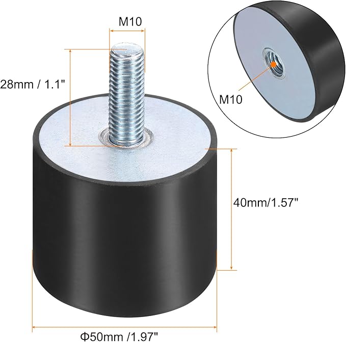uxcell 4pcs M10x28mm Rubber Isolator Mounts with Studs 50x40mm Male Female Vibration Shock Absorber Zinc Plated Cylindrical Thread Mounts Anti Vibration Isolators with 4pcs M10 Lock Nuts