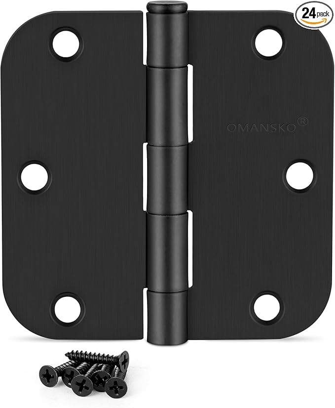 24 Pack Black Door Hinges, 3.5 x 3.5 Inch Black Hinges for Interior Doors 3 1/2 Inch Hinges for Residential Doors, 5/8'' Radius Corners