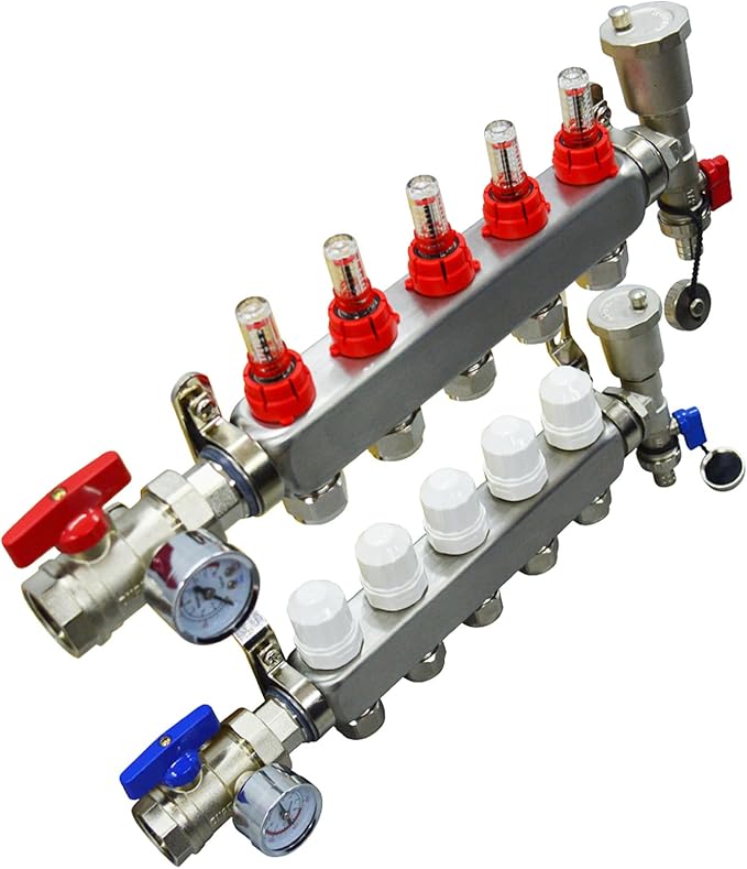 5 Branch PEX Radiant Floor Heating Manifold Set Floor Heating Water Distributor 1/2" Pipe Adapter 304 Stainless Steel and Brass, for Heating Systems