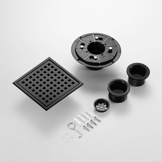 Shower Drain, Matte Black 6 inch Square Shower Floor Drain with Flange, Removeable Grid Panel SUS 304 Stainless Steel Square Shower Drain
