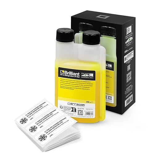 Errecom Brilliant - 8.5 fl oz (250 ml), Fluorescent UV Dye for Detecting Refrigerant Gas Leaks in Air Conditioning and Refrigeration Systems, 250 ml Bottle with Dispenser