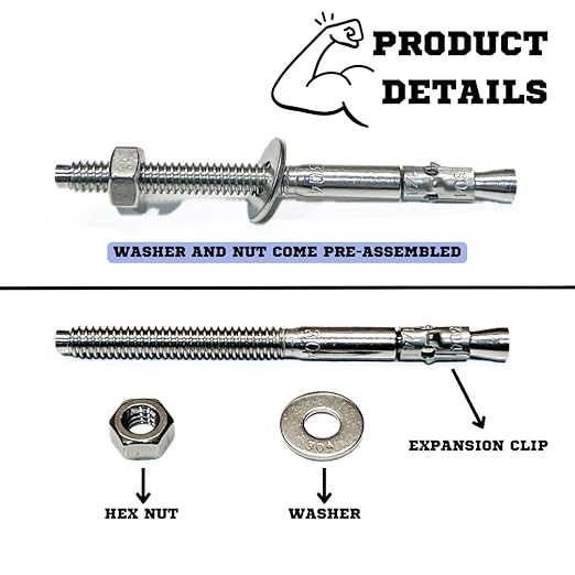 Wedge Anchors – Heavy-Duty 304 Stainless Steel Expansion Bolts for Concrete & Masonry, Rust-Resistant & Durable - 1/4" X 3-1/4" - 5 Pack