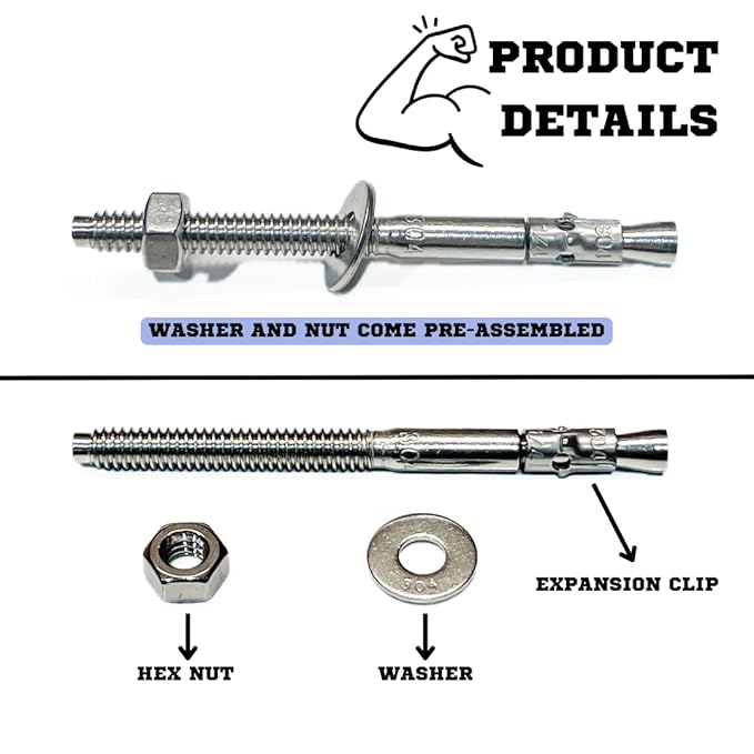 Wedge Anchors – Heavy-Duty 304 Stainless Steel Expansion Bolts for Concrete & Masonry, Rust-Resistant & Durable - 1/4" X 3-1/4" - 50 Pack