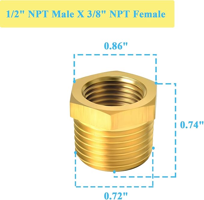 2 PCS Brass Reducer Hex Bushing Threaded Pipe Fitting 1/2" NPT Male x 3/8" NPT Heavy Duty Brass Fitting Pipe Hose Tube Adapter Convert