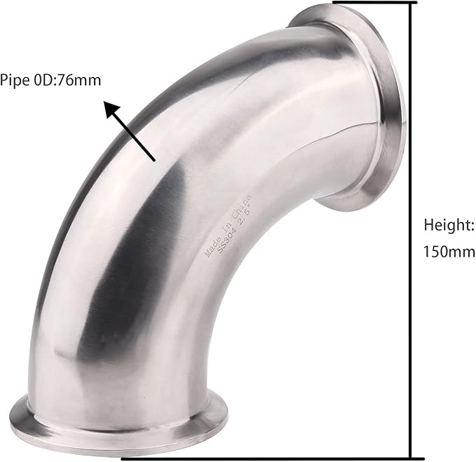 DERNORD Sanitary Ferrule Elbow 90 Degree Pipe Fitting with 2 Pieces Silicone Gasket SS304 Tri Clamp (2-1/2" Tube OD)