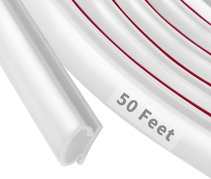 50 Feet D-Shape Rubber Weather Stripping Door Seal Strip, Self-Adhesive Backing Door Weatherstripping for Door Frame Insulation Large Gap, Easy Cut to Size(White)