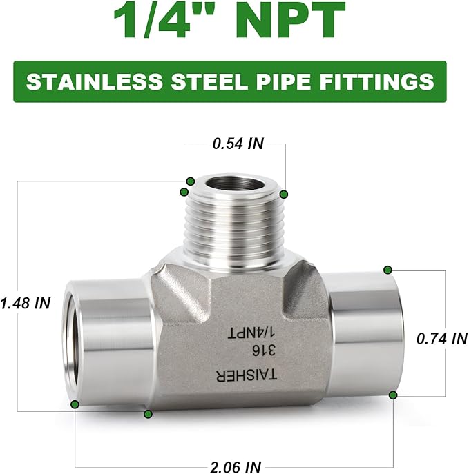 TAISHER 1PCS Forging of 316L Stainless Steel Tee Pipe Fittings, 1/4" NPT Female x 1/4" NPT Male x 1/4" NPT Female Pipe Fittings, Male Branch Tee
