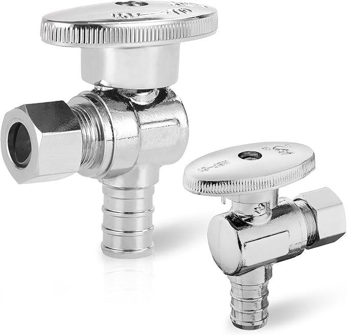 (Pack of 2) Seelink Pex Crimp 1/4 Turn Angle Stop Valve, 3/8" OD Compression x 1/2" Pex Barb Crimp (F1807), Chrome Plated Brass(VALVE076)
