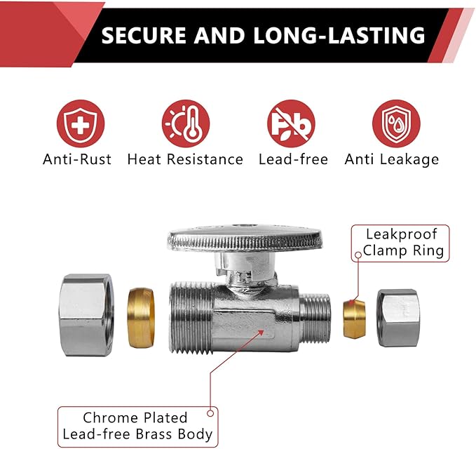10-Pack EFIELD Straight Stop Valve 1/2" Nominal (5/8" OD) Compression x 3/8" OD, 1/4-Turn, Chrome Plated Brass,(VALVE122)
