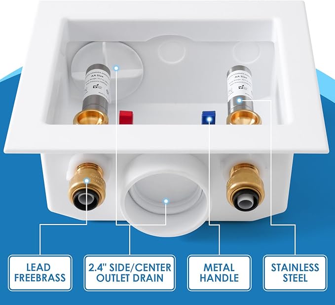 Washing Machine Outlet Box, with Stainless Steel Water Hammer Arrestor, 1/2-Inch Push Fit x3/4-Inch MHT with Center Drain, Washer Faucet Recessed Box, Laundry Washer Valve Outlet Box
