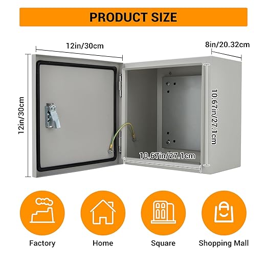 Outdoor Electrical Box, 12"x12"x8" NEMA 4X Steel Enclosure, IP67 Waterproof & Dustproof, Lockable Electrical Junction Box with Mounting Plate and 2 Keys, Indoor and Outdoor Use
