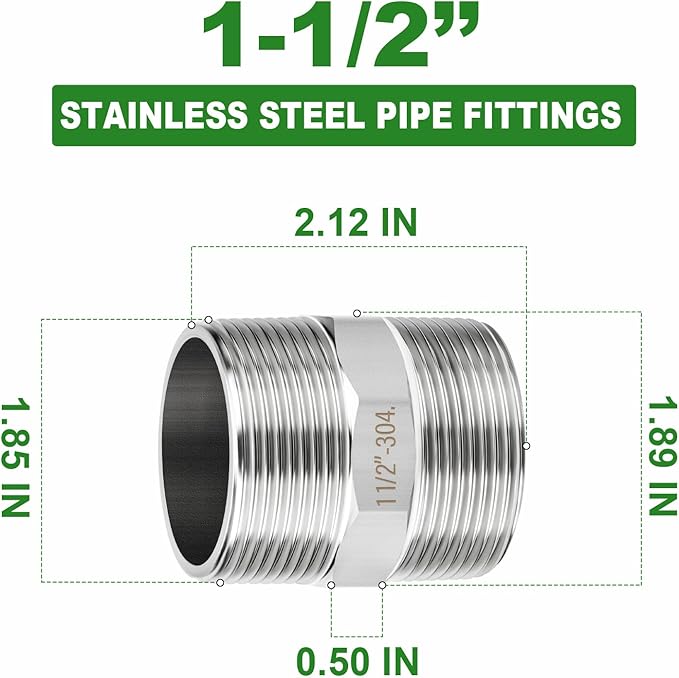 TAISHER 2PCS 304 Stainless Steel New Hex Nipple, 1-1/2" NPT Male x 1-1/2" NPT Male, Pipe Adapter Fitting