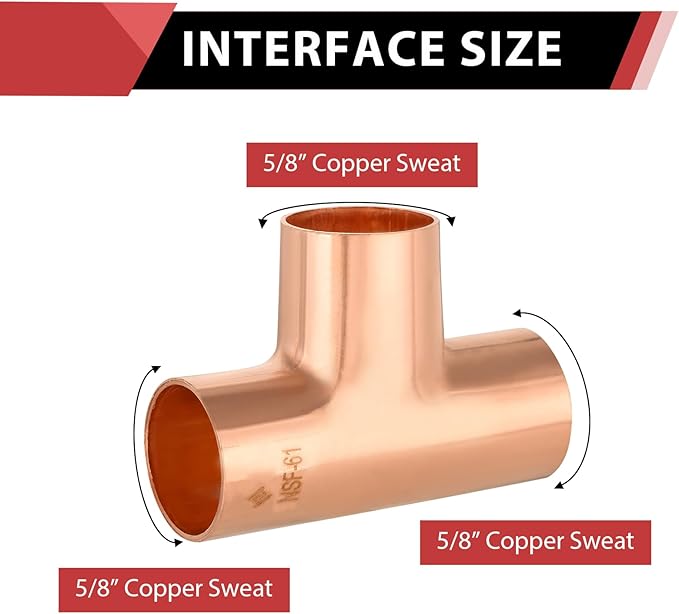 5-Pack EFIELD 5/8" X 5/8" X 5/8" C X C X C Copper Tee, LF Copper Plumbing Fittings with Sweat Solder Connection,(COPPER104)