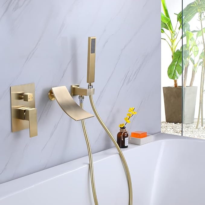 Wall Mount Bathtub Faucet with Handheld Shower, Brushed Gold Single Handle Bathroom Waterfall Tub Filler Solid Brass Tub Shower Faucet Set Rough-in Valve Trim Kit