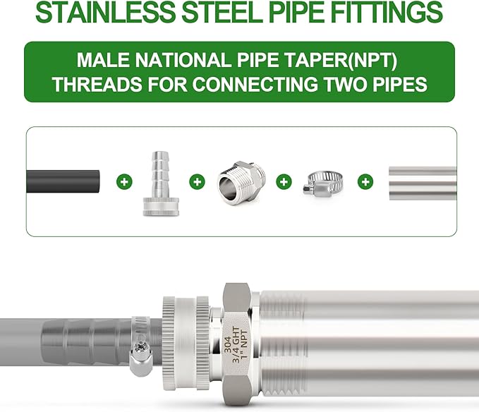 TAISHER 2PCS 304 Stainless Steel Garden Hose Adapter, 3/4" GHT Male x 1" NPT Male Garden Hose Connector with Washers