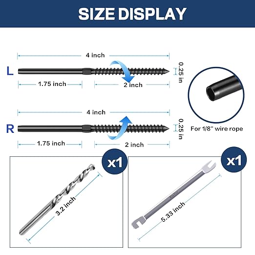 100 Pack Black T316 Stainless Steel Left & Right Handed Thread Swage Lag Screws for 1/8" Wood Post Cable Railing Kit, Deck Railing, Black Cable Railing Hardware System, Wrench Included