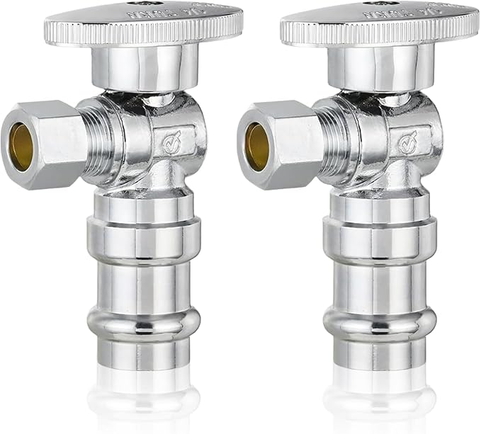 2-Pack GUOFIS Angle Stop Valve,1/2" Nominal Press Inlet x 3/8" OD Compression Outlet,1/4-Turn Shut-off Valve for Potable Water(Chrome Plated)(VALVE393-2Pack)