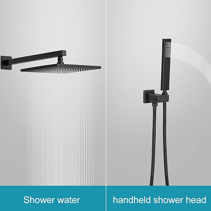 BWE 12 Inch Oill Rubbed Bronze Shower System Faucet Waterfall Tub Complete with Spout Set Square Luxury Rain Mixer Pressure Balancing 3-Function Wall Mount Rainfall Rough-in Valve Body and Trim