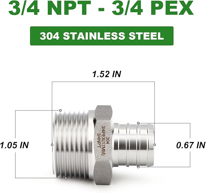 TAISHER 2PCS 304 Stainless Steel Pex Fittings,3/4" Pex x 3/4" NPT Male,3/4" Pex Fitting With 2PCS Hose Clamp For Pex Tubing Pipe