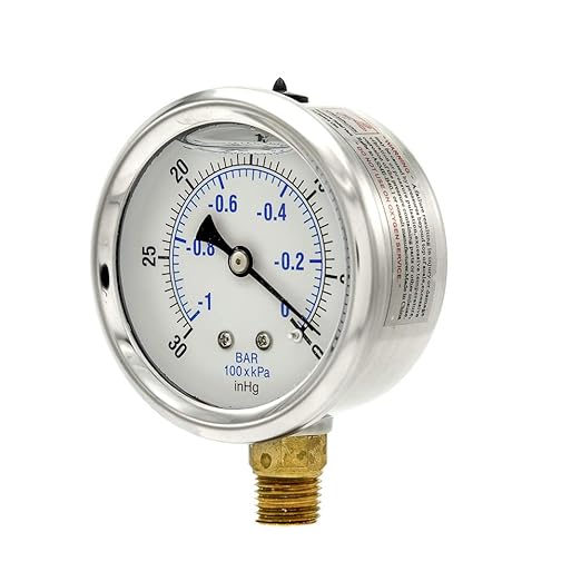 PIC Gauges PRO-201L-254A 30"-0 hg Vacuum PSI Pressure Gauge, 2 1/2" Dial, 1/4" Male NPT Connection, Bottom Mount, Dual Scale, Glycerin Filled, Stainless Steel Case/Bezel, Brass Internals & Plastic Lens