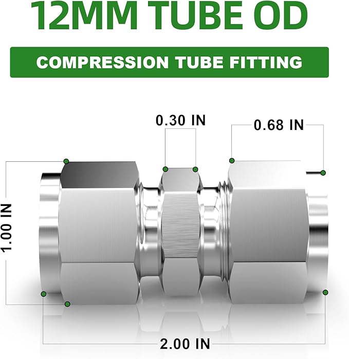 TAISHER 2PCS 304 Stainless Steel Compression Tube Pipe Fitting Connector, 12MM Tube OD x 12MM Tube OD Straight Adapter
