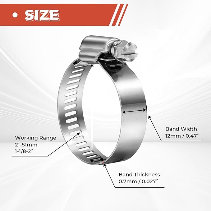 24 Pack 1 1/8" - 2" Worm Gear Hose Clamps, Adjustable Range 27-51mm 304 Stainless Steel Fuel Line Hose Clamps for Pipe, Plumbing, Automotive and Mechanical Application