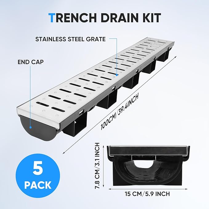 FAHKNS 5 Pack Trench Drain System, HDPE Channel Drainage with 304 Stainless Steel Metal Grate, Durable Garage Flooring Drain for Driveway, Garden, Patio, Pool Deck, Easy to Install