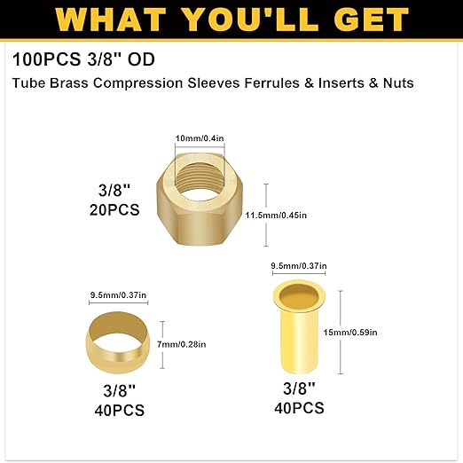 Siptenk 3/8" Brass Compression Fittings Sleeves Ferrules Inserts Nuts Fittings, 100PCS Brass Ferrule Tubing Insert Kit for DOT Air Brake Line Fittings
