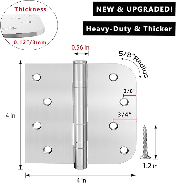 Hinge, 3 Pack Door Hinges Stainless Steel Hinges 4" Heavy Duty Ball Bearing Door Hinges with Square Rounded 5/8" Radius Corner Heavy Duty Hinges 3mm Thickness