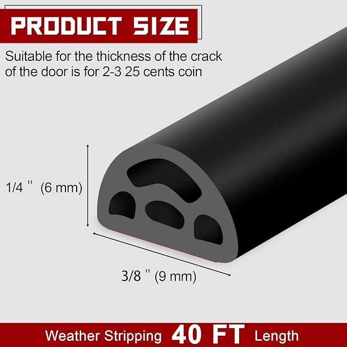 40Ft EPDM Rubber Weather Stripping Door Seal, Self-Adhesive Rubber Window Seal – Soundproof Weather Stripping Door Seal Strip for Doors & Windows(Black)