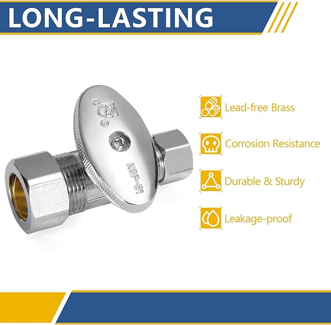 Straight Stop Valve,1/2" Nominal (5/8" OD) Compression x 3/8" OD Straight Shut-off Valve with 1/4 Turn on/off (Pack of 20)(VALVE122-20Pack)