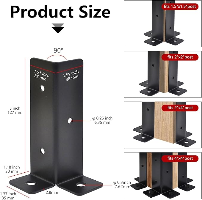 4 Pcs Adjustable Half-Column Base for 1.5x1.5, 2x2, 2x4, 4x4 Post Bracket, Wood Fence Deck Post Anchor Base Brackets for Pergola, Courtyard, Awning, Railing and Mailbox