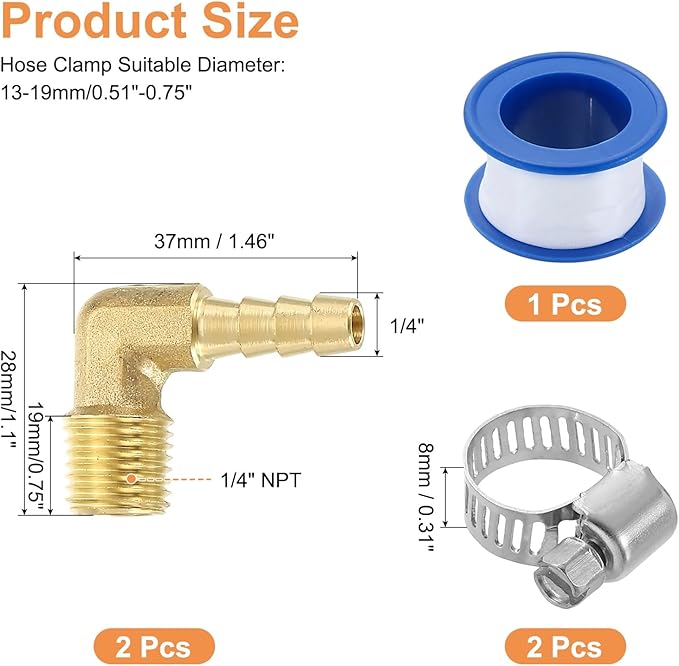 uxcell 2Pcs Brass Hose Barb Fittings, 1/4" x 1/4" NPT 90 Degree Elbow Hose Connector with Hose Clamps for Water Fuel Gas Oil Transportation