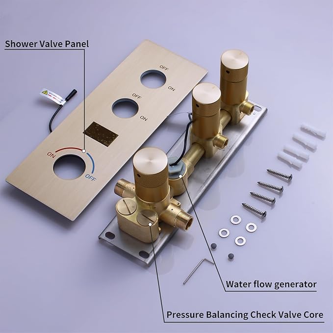 Concealed Mount Brass Shower Valve, Digital Temperature Display, Flow Control Mixing Valve, 2 Function, Brushed Gold