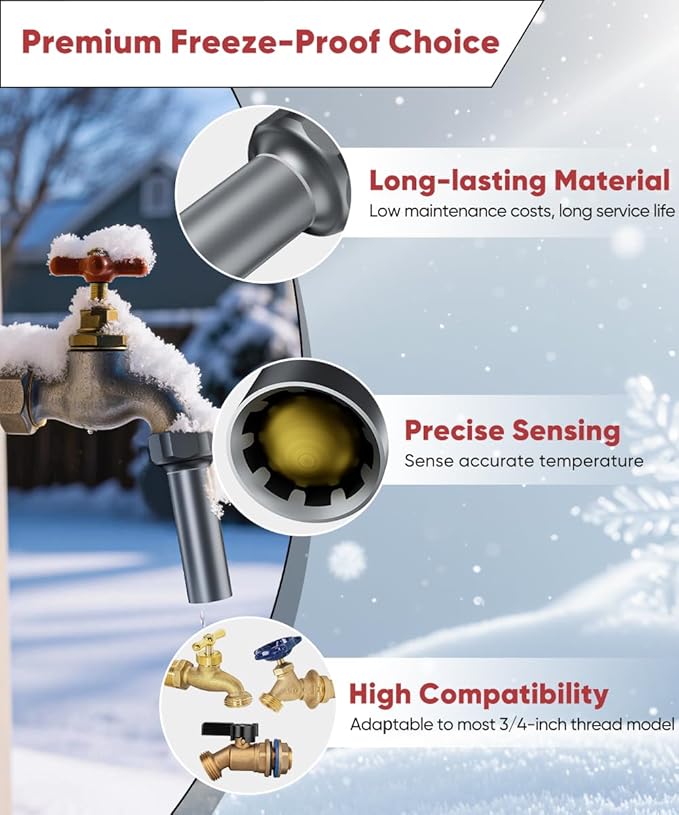 Outdoor Faucet Winter Freeze Protection Valve, Activates at Water Temperature Below 35.6°F/ 2°C, 3/4-Inch Thread Frost Proof Faucet Cover for for Garden, Lawn & Yard Spigot, Grey, 1Pack