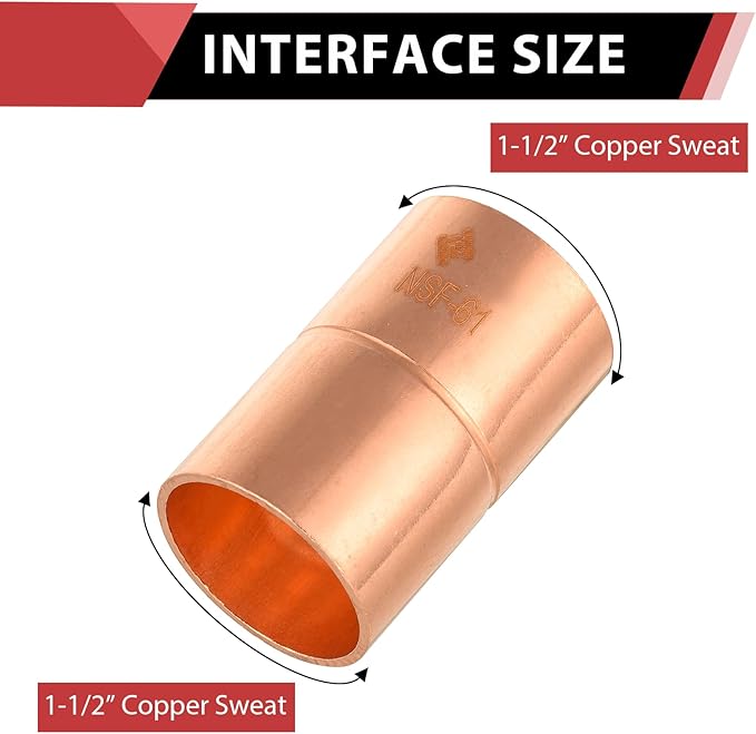 EFIELD 1-1/2-Inch C X C Copper Coupling With Rolled Stop, LF Copper Plumbing Fittings with Sweat Solder Connection,(COPPER088)