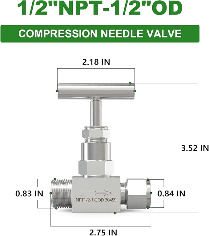 TAISHER 1PCS 304 Stainless Steel High Pressure Straight Needle Valve 1/2" NPT Male x 1/2" Tube OD For Flow Control Water Gas Oil