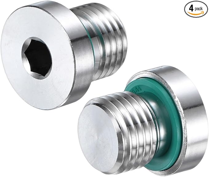 4-Pack Inner Hex Head Pipe Fitting Plug, M14x1.5mm 304 Stainless Steel Socket Bung Plug with Fluorine Sealing Ring for Terminate Pipe Ends/Replacement Drains