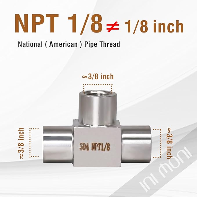 tee pipe fitting NPT 1/8 female 3 ways T adapter, stainless steel 304 forged hose fitting tee shaped pipe connector, heavy duty 4350 psi