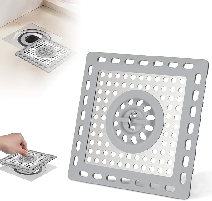 Hibbent Upgraded Shower Drain Hair Catcher, Shower Drain Cover for Bathroom Floor 4" Drain, Anti-Clogging Bathtub Drain Strainer, Stainless Steel Kitchen Sink Drain Strainer with Handle, Grey