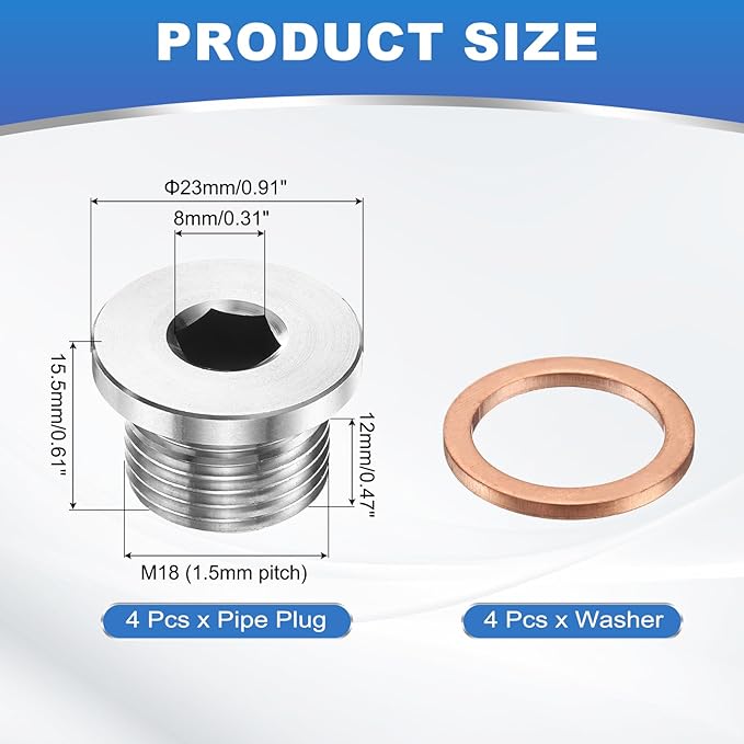 PATIKIL 2 Pcs M18 x 1.5 Metric Pipe Plug Fitting, 304 Stainless Steel Internal Hex Head Socket Pipe Cap Adapter Connector with Copper Washer for Sealing Oil Gas Water
