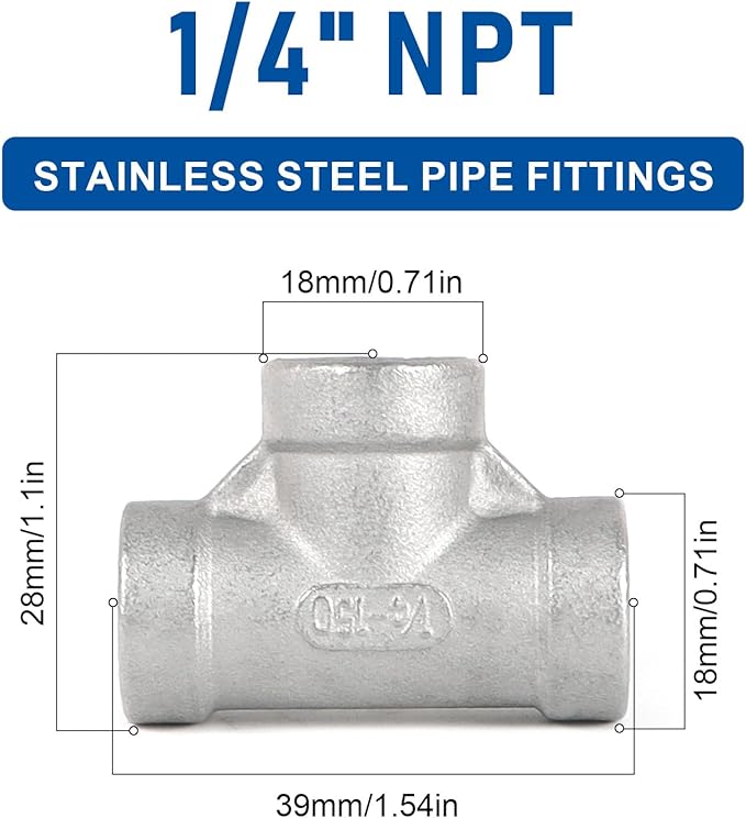 Kodilin Pipe Fittings 304 Stainless Steel Tee Pipe Fittings 1/4" x 1/4" x 1/4" NPT Female Thread Adapter - 4PCS