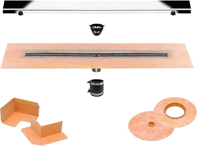 All-in-one Waterproof Linear Shower Drain Kit with 48 Inch Center Outlet Channel Body (KL1V60E120) and Drain Grate Assembly (Cover) in Solid Design with Chrome Finish (KL1AR19EP120)