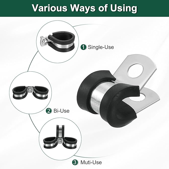uxcell 5/16"(8mm) Cable Clamp, 304 Stainless Steel Rubber Cushioned Insulated Clamp R Shape Metal Clamp Tube Holder for Pipe Hose Wire Cord Installation 8Pcs