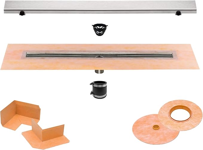 All-in-one Waterproof Linear Shower Drain Kit with 44 Inch Center Outlet Channel Body (KL1V60E110) and Drain Grate Assembly (Cover) in Solid Design with Brushed Stainless Steel Finish (KL1AR19EB110)